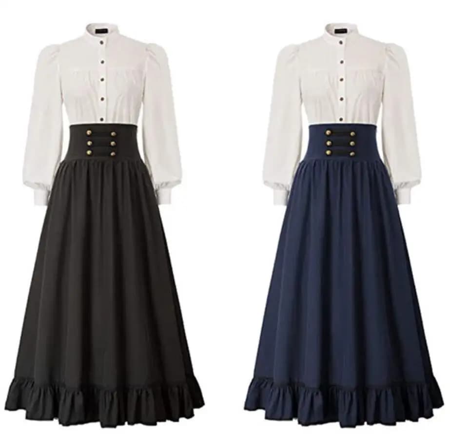 Gonna medievale vittoriana del XIX secolo Donna a vita alta Tinta unita Abito rinascimentale Costume cosplay Orlo arricciato Swing Skits