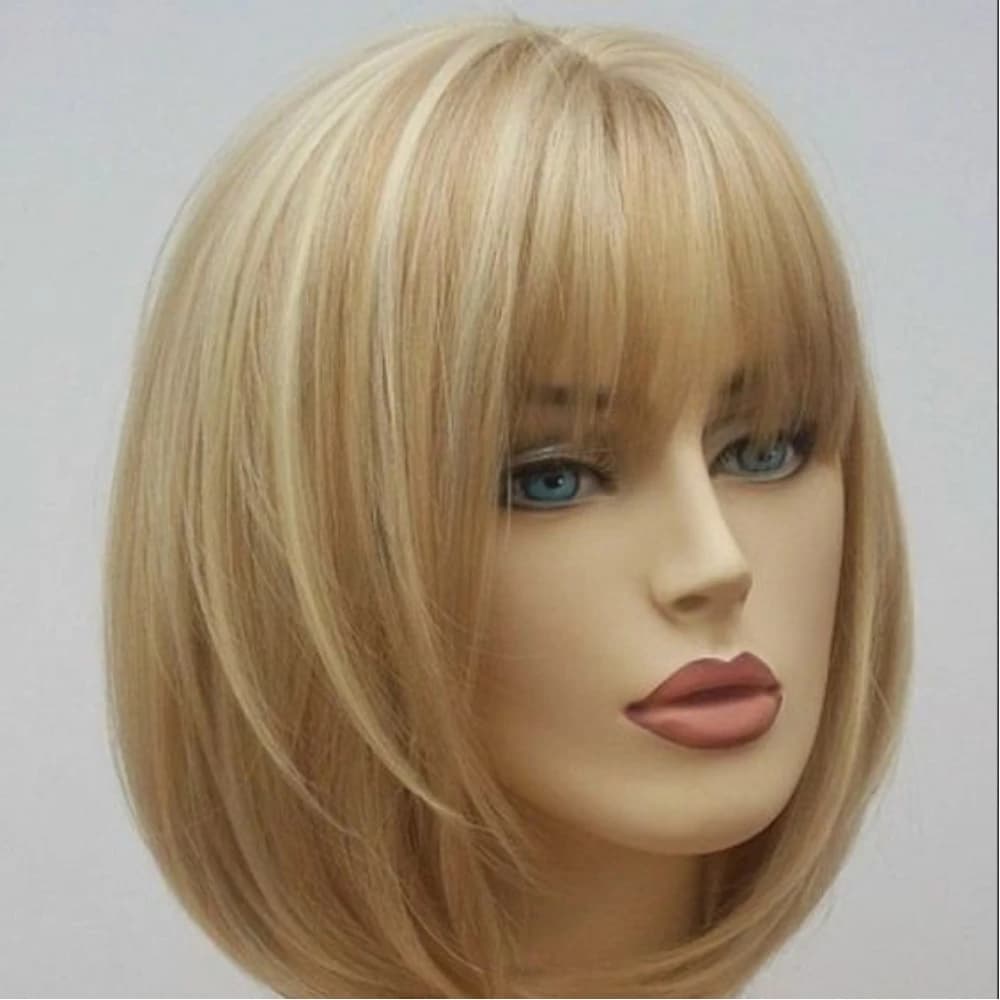 Women Synthetic Short Mixed Blonde Bob Wig With Bangs Hair Cosplay Costume Halloween Party Daily Wig Heat Resistant