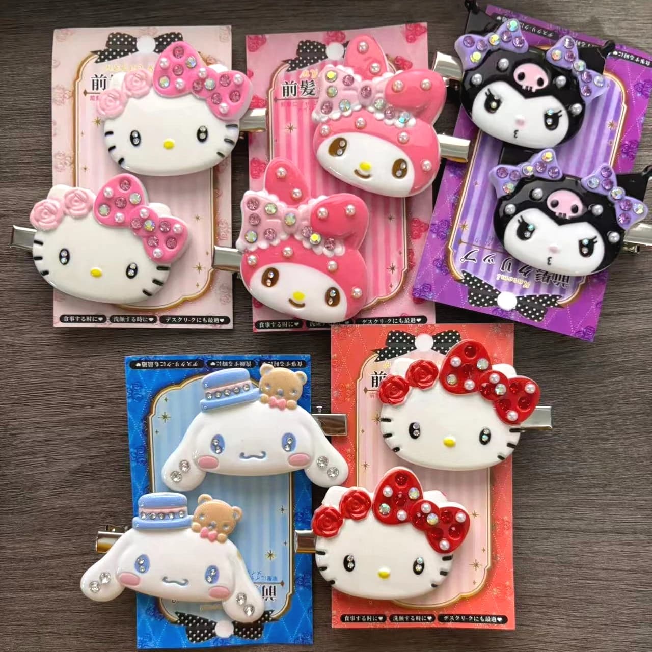Sanrio Cartoon Sakura Rhinestone Hair Clips Hello Kitty Kuromi My Melody Cinnamoroll Side Bang Barrettes Girls Hair Decor Pins