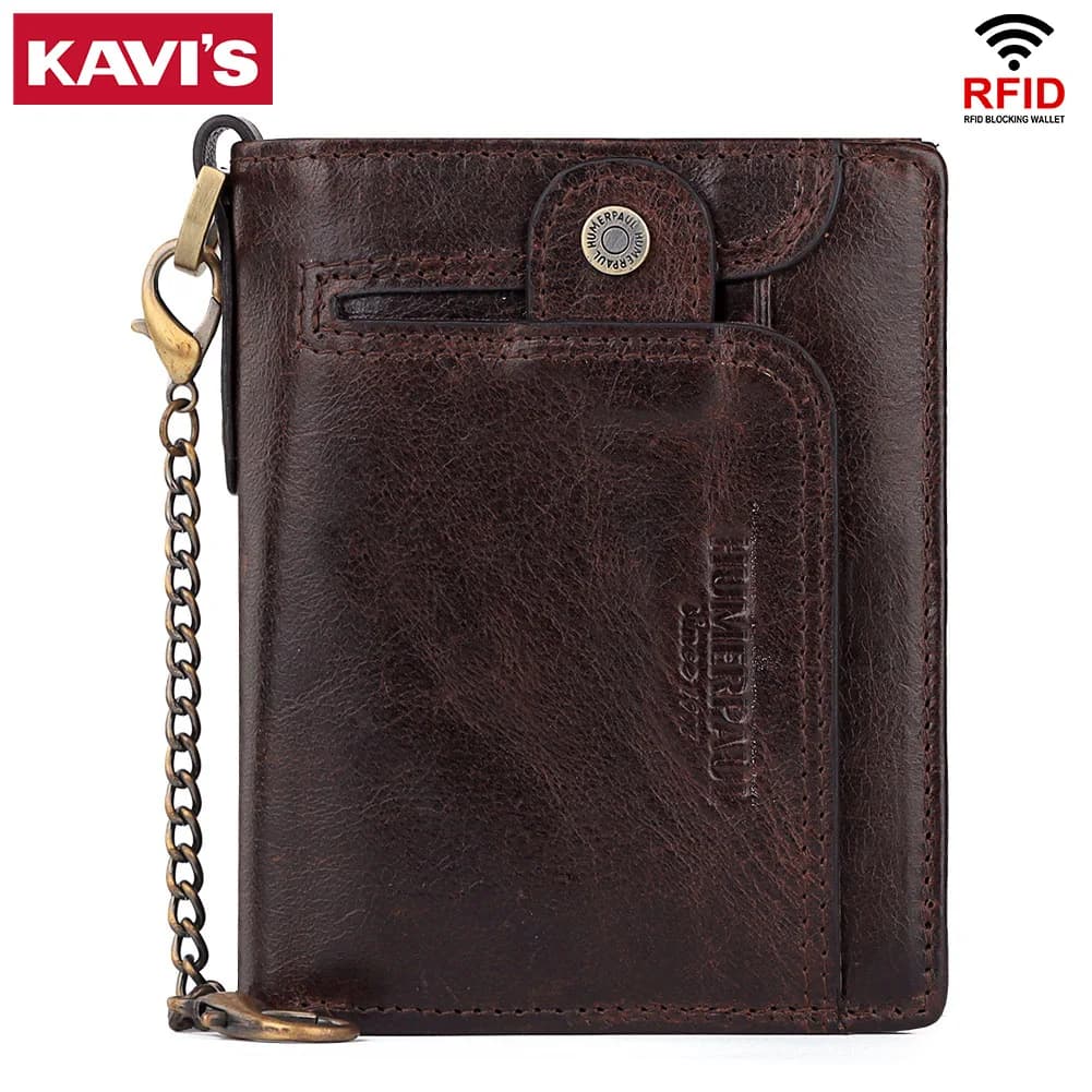 Portafoglio da uomo in vera pelle con blocco RFID Porta carte di credito Portafoglio da uomo corto bifold con cerniera Tasca portamonete con catena antifurto
