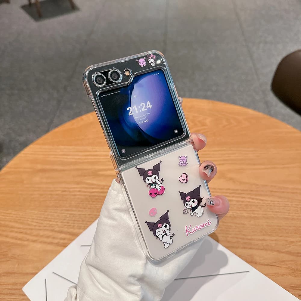 Custodia per telefono con simpatici personaggi dei cartoni animati Sanrio Cinnamoroll My Melody Kuromi per Samsung Galaxy Z Flip 7 6 5 4 3, cover morbida trasparente con laccetto
