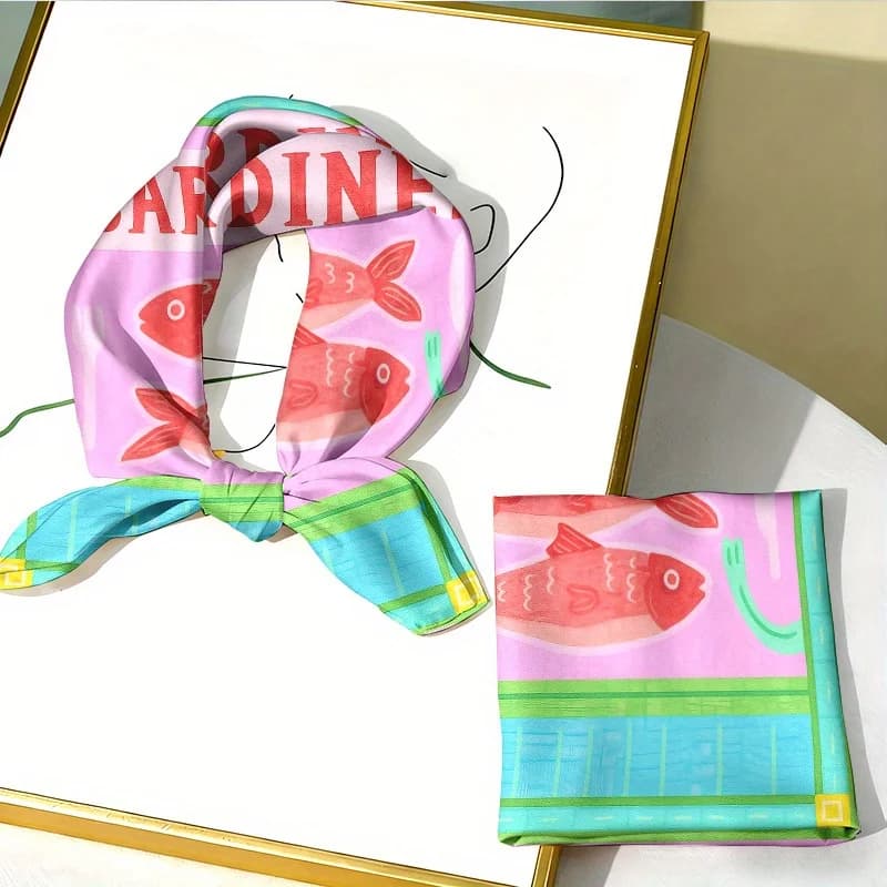 1pc 35-Inch Square Scarf, Soft Fashionable Aesthetic Sardine Pattern, "Be Stylish" Headscarf, Skin-Friendly And Breathable, Non-Stuffy, Daily Commuting, Shopping, Girlfriends' Gathering, Weekend Leisure, Outdoor Play, Beach Vacation, Sandwalk