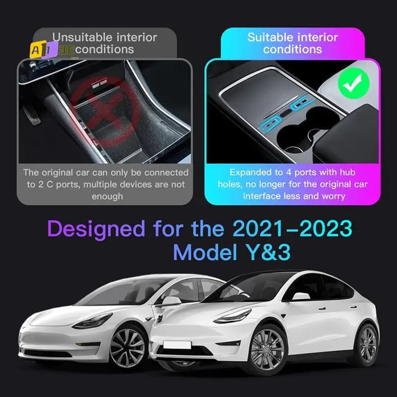 Hub USB caricatore rapido A13E-Light 27W per Tesla Model 3 Tesla Model Y 2021-2023 con docking station intelligente con apertura
