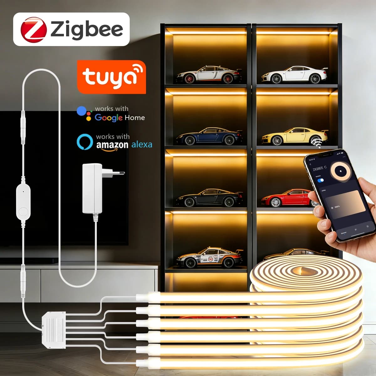 Pannello Acustico a Parete Neon Zigbee Wifi, Luci LED COB Dimmerabili, Lampada da Parete Intelligente con Griglia Effetto Legno Compatibile con Tuya e Alexa