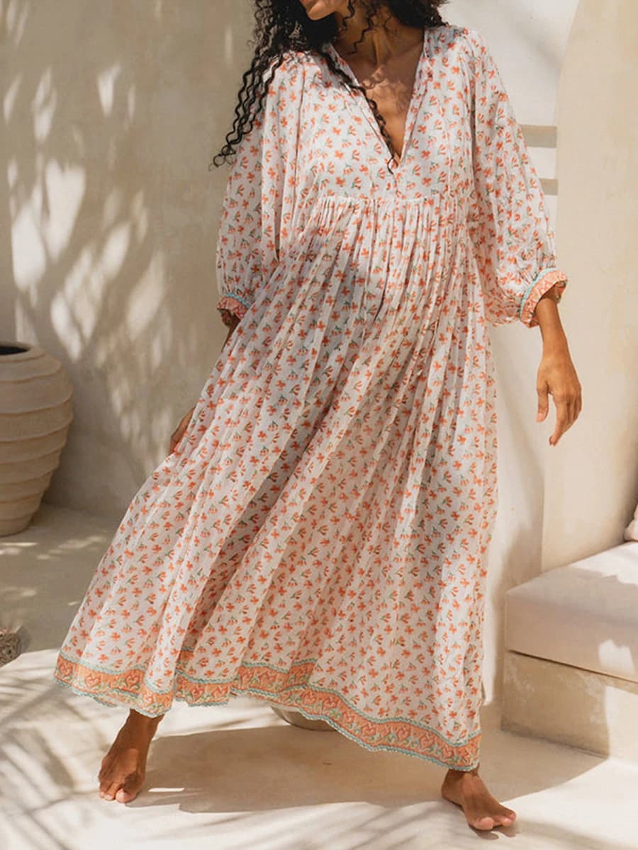 Nuove donne di moda abito lungo abito con maniche a 3/4 scollo a V floreale allentato estate casual abito altalena club street style vendita calda S-XL