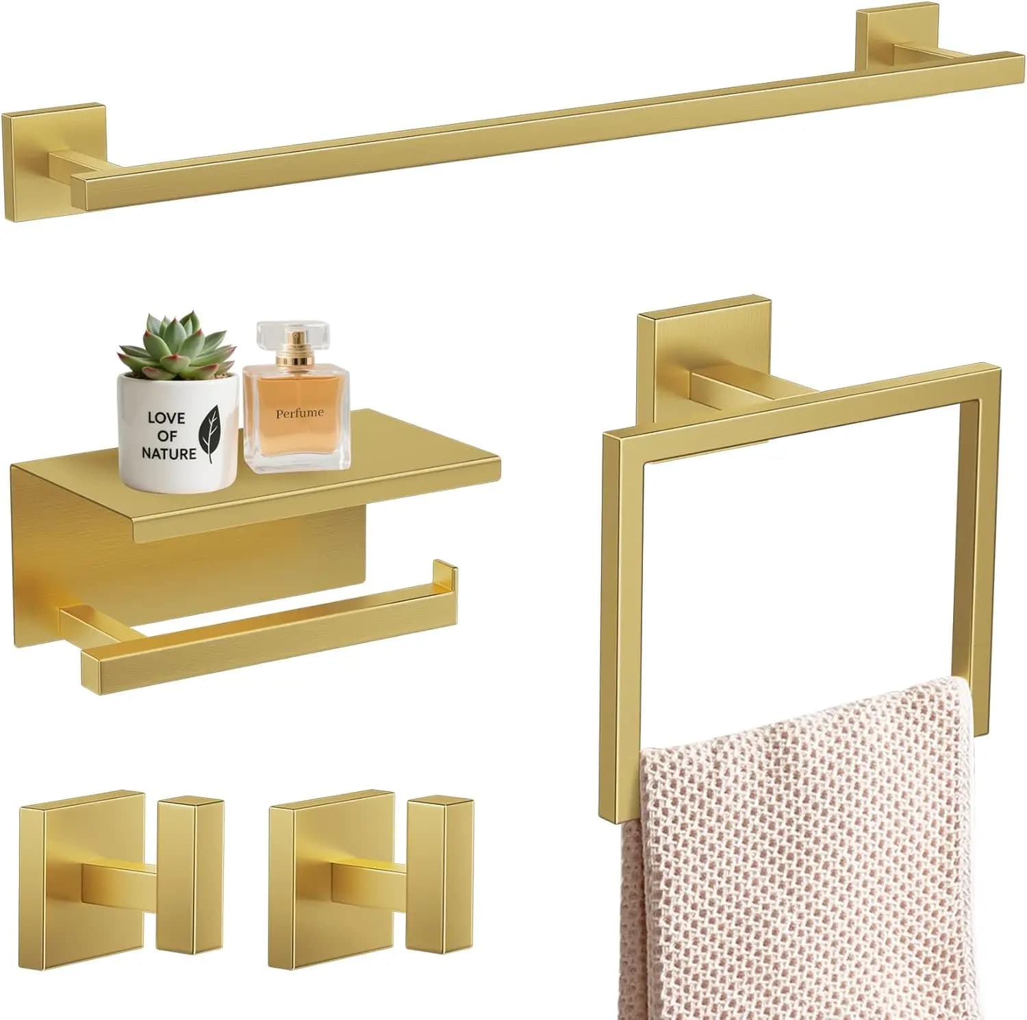 Set di Accessori Bagno 5 Pezzi Oro Spazzolato, Kit Quadrato da Parete in Acciaio Inox SUS304 con Portasciugamani da 60 cm