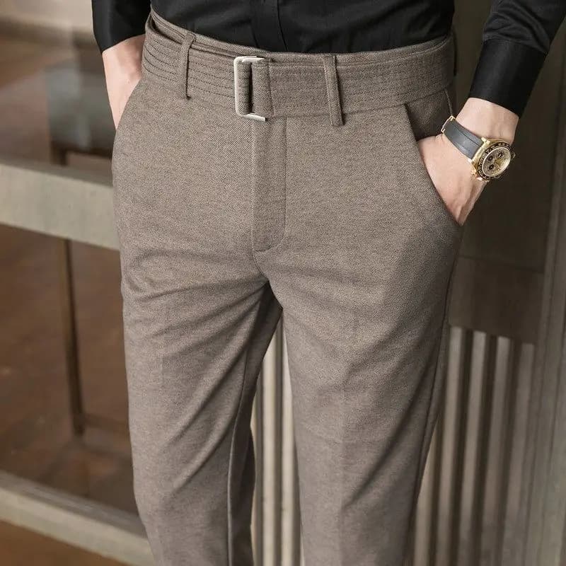 2023 primavera autunno e inverno Business Casual edizione coreana alla moda a vita alta con tasca per cintura pantaloni Slim Fit in lana solida