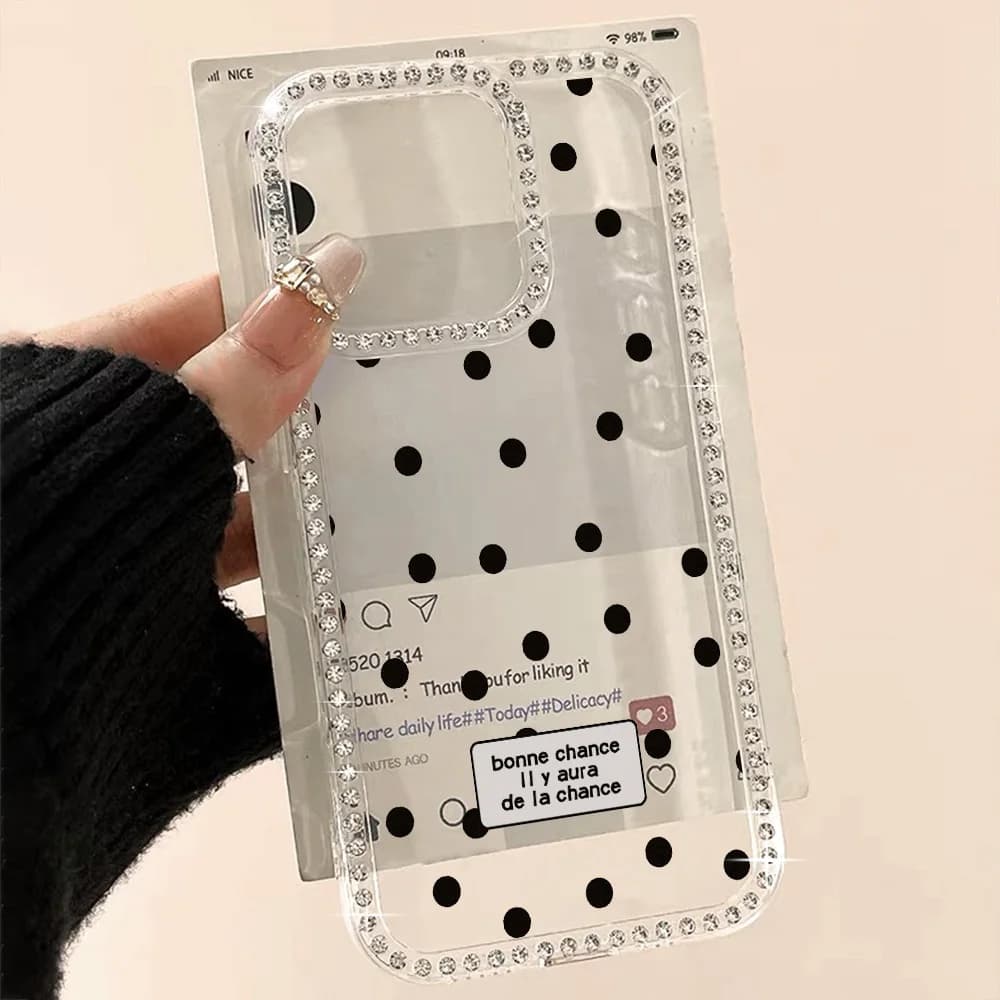 Painted Phone Case for Apple iPhone 17 16 15 14 13 12 Pro Max Air 11 Cases Rhinestone Border Polka Dot Good Luck Shockproof Capa