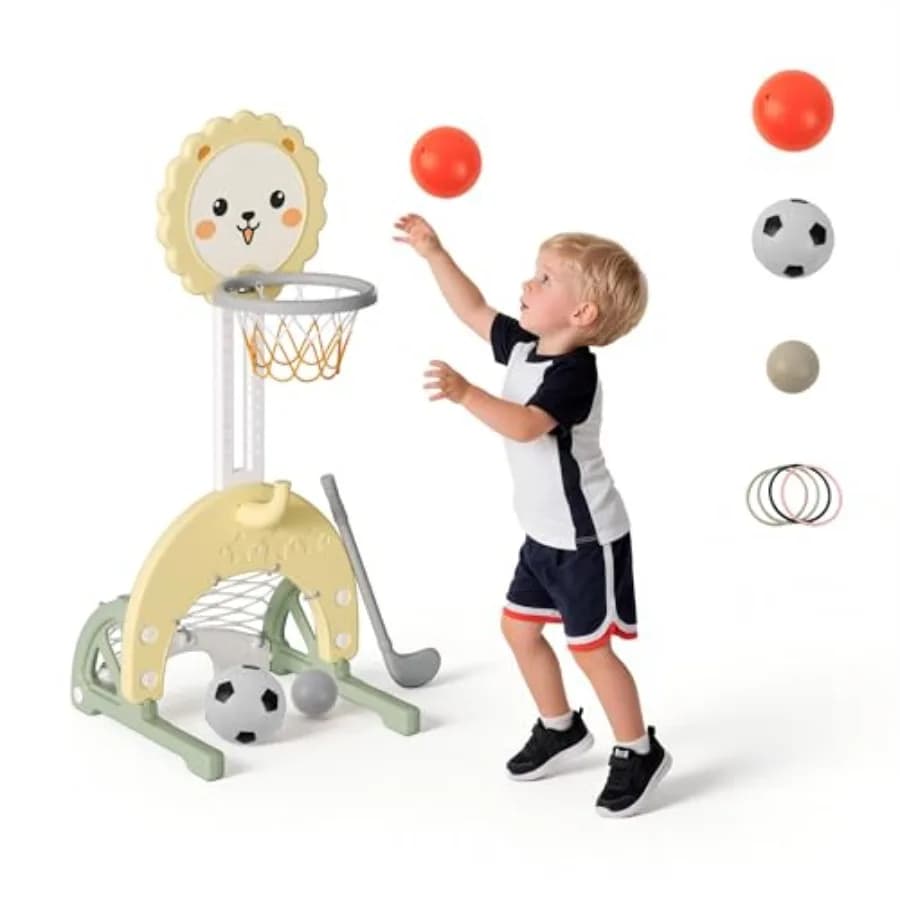 4-in-1 Basketball Basket for Children, Adjustable Height, Sports Centre for Interior and Exterior, for Children from 1-3 years, Yellow and Green