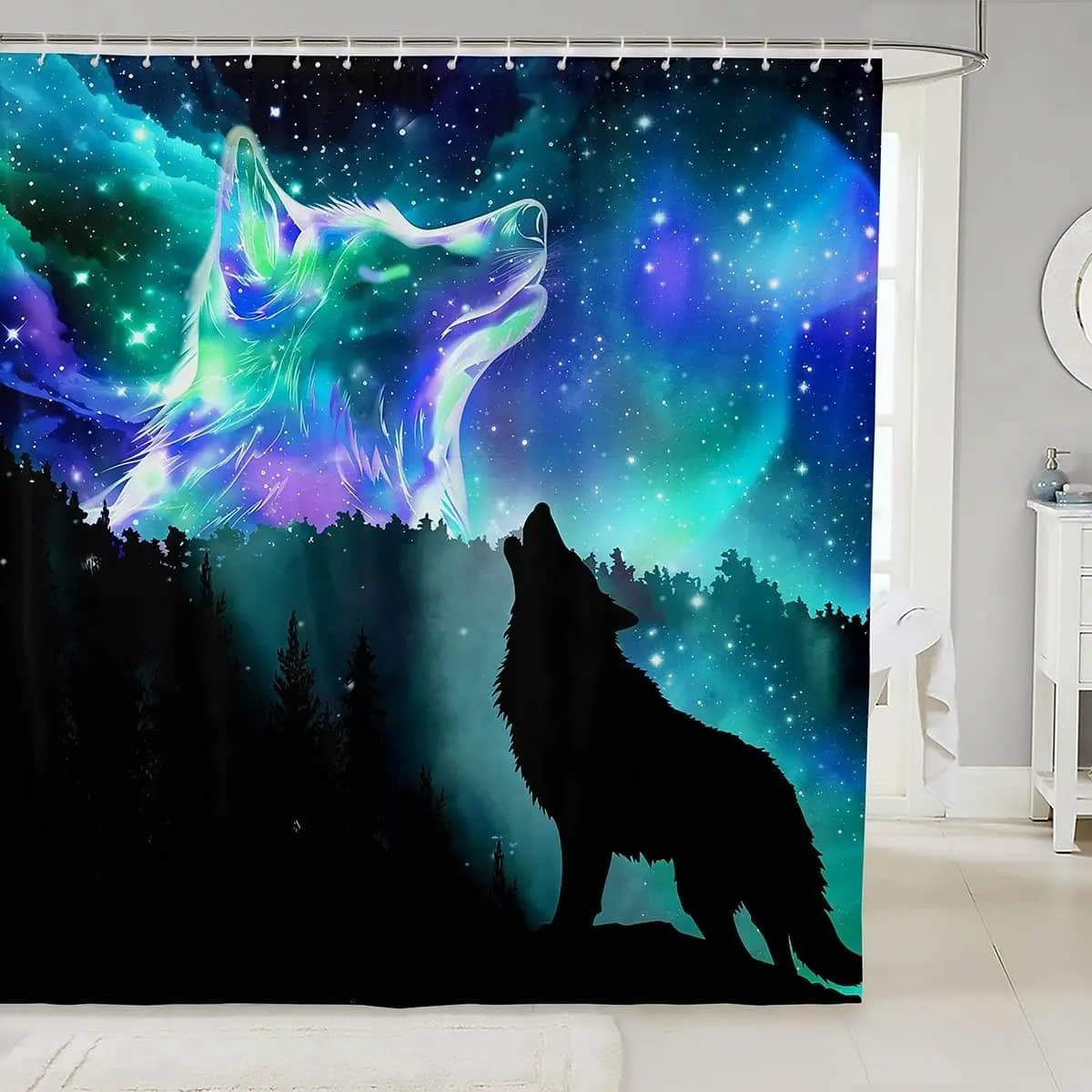 Howling Wolf Bathroom Shower Curtain Set Galaxy Wolf Shower Curtain Northern Light Bath Curtain for Kids Boys Girls Starry Sky