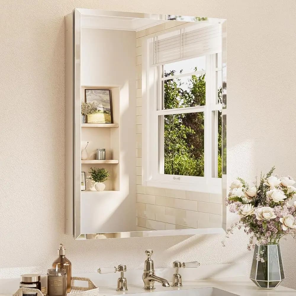 Armadietto a specchio da bagno 24 x 32 con specchio smussato temperato Armadietto per medicinali in argento Cerniere DTC per armadietto in alluminio, regolazione continua