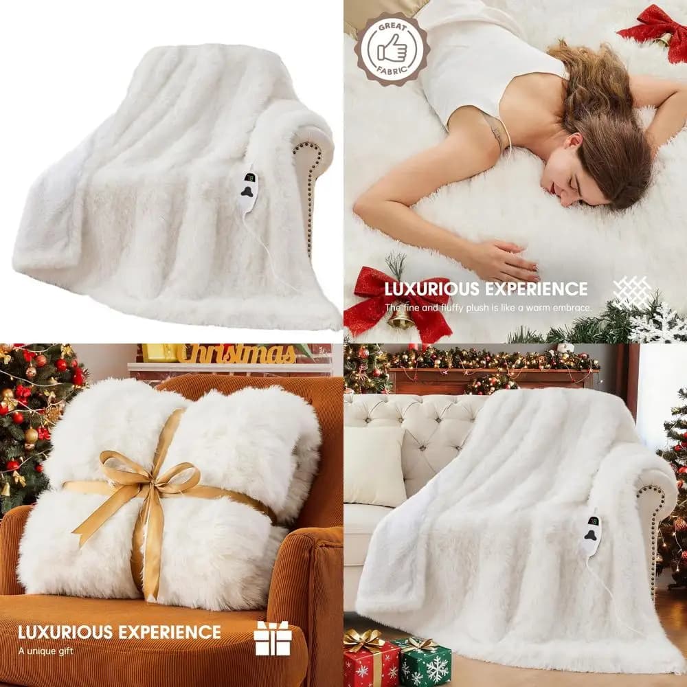 Coperta Elettrica in Finta Pelliccia - Morbido Sherpa, 10 Livelli di Riscaldamento e 5 Opzioni Timer, 50x60, Nuvola di Neve