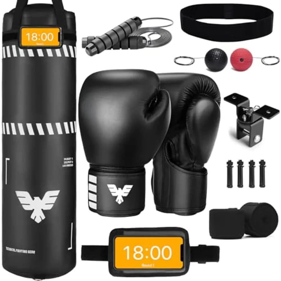 Set Sacco da Boxe da 120 cm con Guanti da 12 oz, Fasce per Mani, Corda per Saltare, Palla Reflex e Supporto per Telefono - per Boxe, MMA, Kickboxing