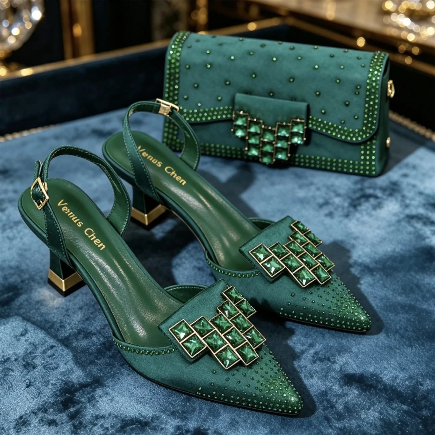 Elegant Women's Purple Rhinestone Shoes & Clutch Handbag Set Pointed Toe Low Block Heel Sandals Wedding Party Evening Matching