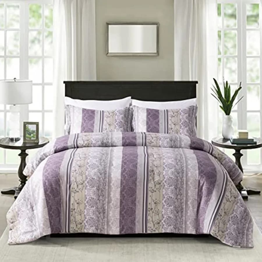 Set Copripiumino in Microfibra Spazzolata Morbida 7 Pezzi King Size con Imbottitura Leggera in Poliestere, Stampa Floreale Viola e Grigio