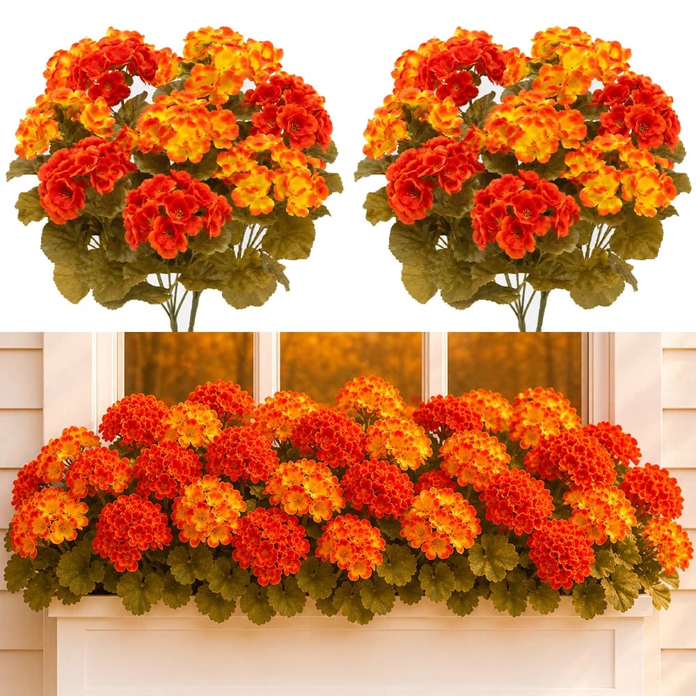 Fall Geraniums Artificial Flowers 6 Bundles UV-Resistant Orange Fake Flower Autumn Plants for Home Garden Party Outdoor Decor