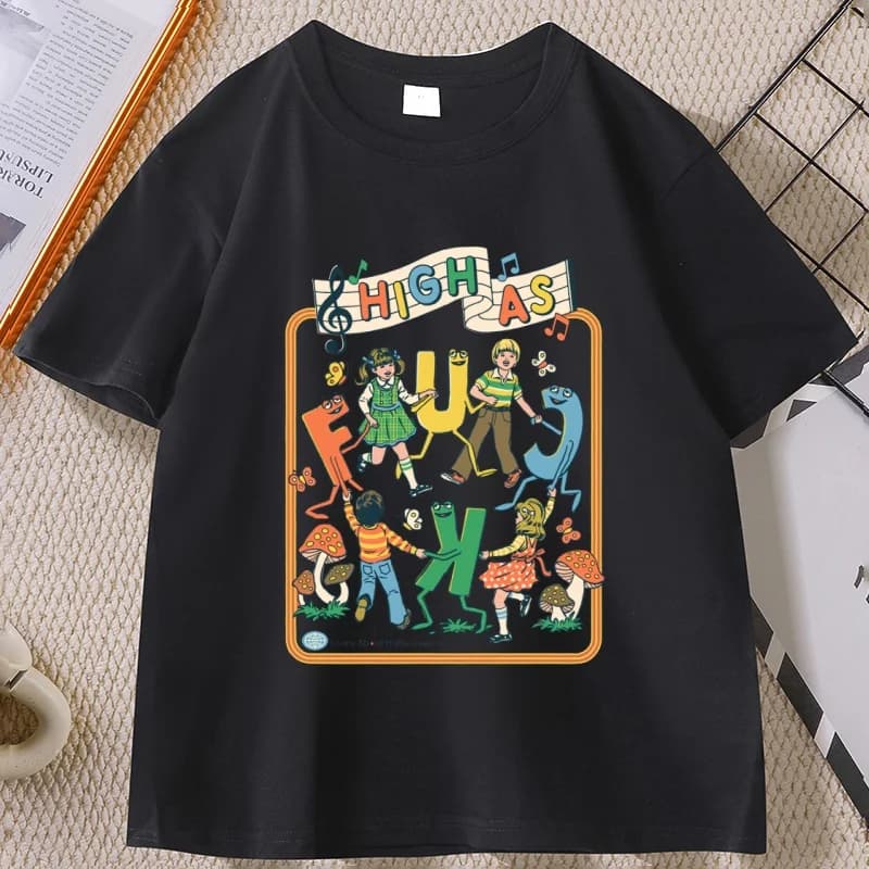 Happy Playing Children Pattern Retro T-Shirt Men Women Summer Short Sleeve Crewneck Tees Oversize Cotton Streetwear Clothes