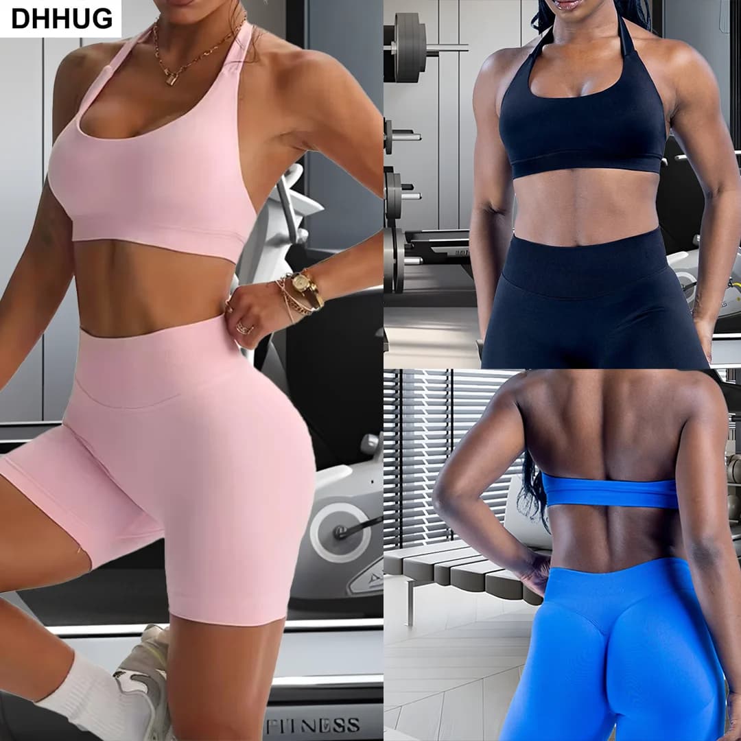 DHHUG Comfort Women's seamless sports bra with high waist top, details and matching fitness leggings.
