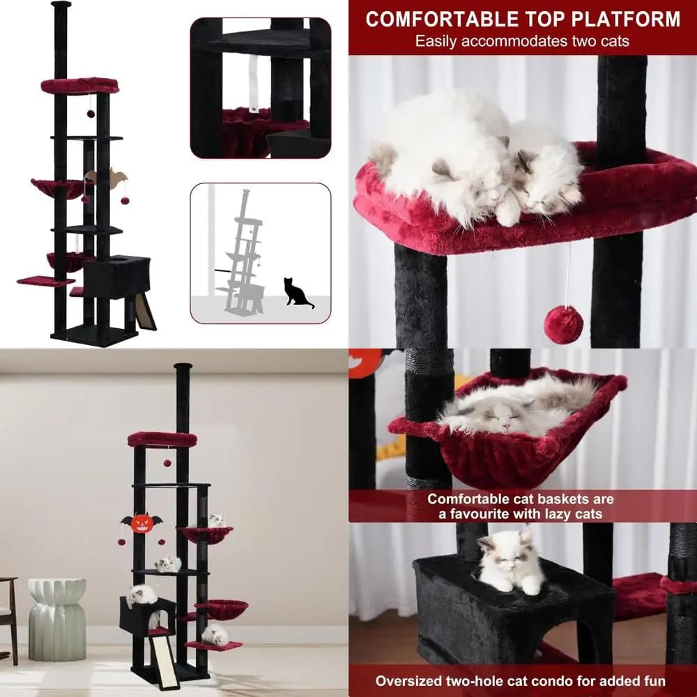 Alto albero per gatti in stile gotico con amaca, torre da arrampicata regolabile, tiragraffi, nero e rosso HCT091BR