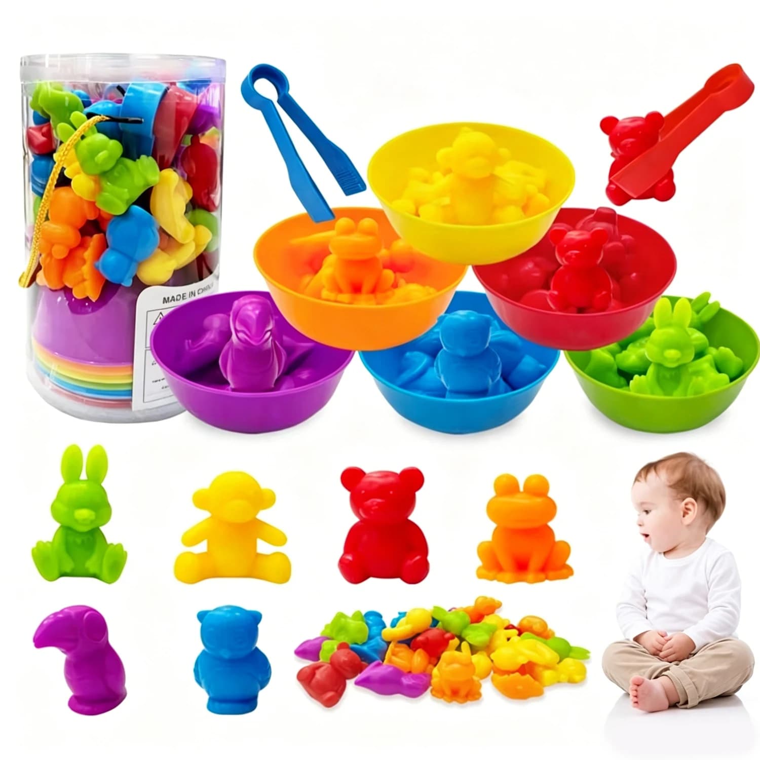 Set di giocattoli animali colorati da 36 pezzi per i più piccoli - Giocattoli educativi per l'apprendimento precoce con ciotole e pinze, plastica sicura