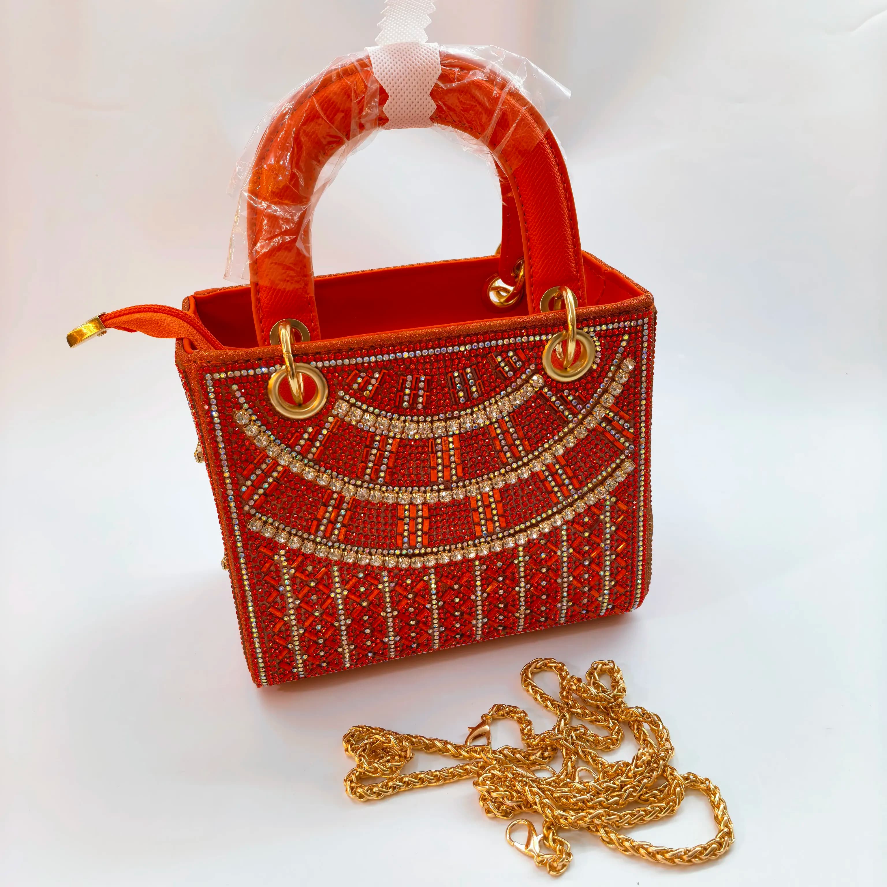 2026 Orange Luxurious Design Women's Rhinestone Square Handbag Sparkling Diamond Evening Clutch Bag for Wedding Party F6-520-3