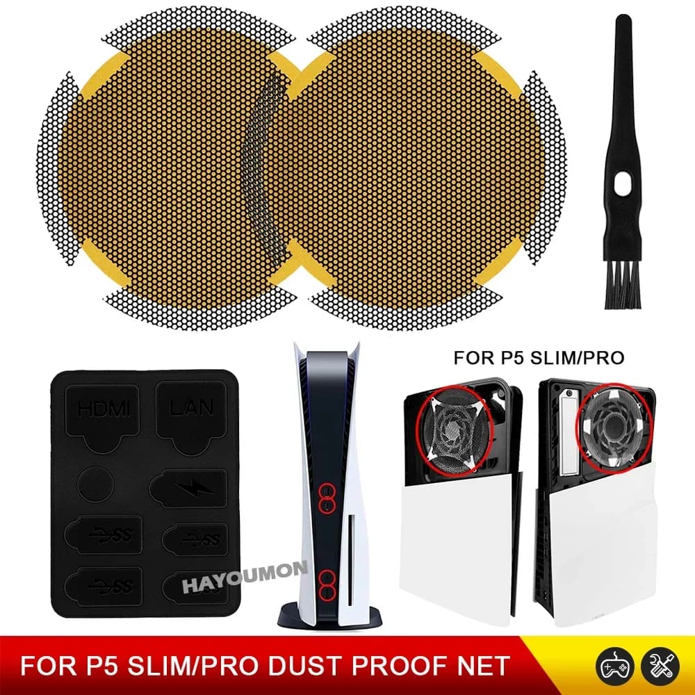 Kit Filtro Antipolvere per Console di Gioco PS5 Slim e PS5 Pro, Rete Traspirante, Accessori per Giochi, Copertura Antipolvere, Kit Tappi Antipolvere