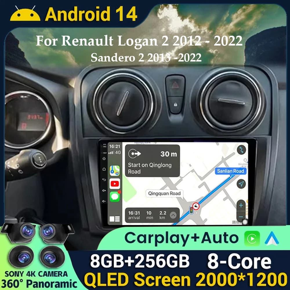 Android 14 Carplay Auto for Renault Logan 2 Sandero 2 2012 - 2016 2017 2018 autoradio media player Stereo GPS WIFI DPS