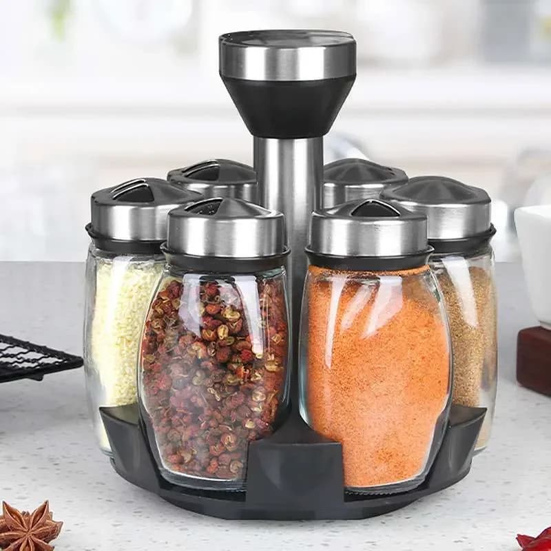 1/7pcs Barattolo di Spezie Set Rack Organizzatore di Vetro Rotante di Vetro Condimento Zucchero Bottiglie di Pepe Sali Shakers Titolare Cucina Rack di Stoccaggio