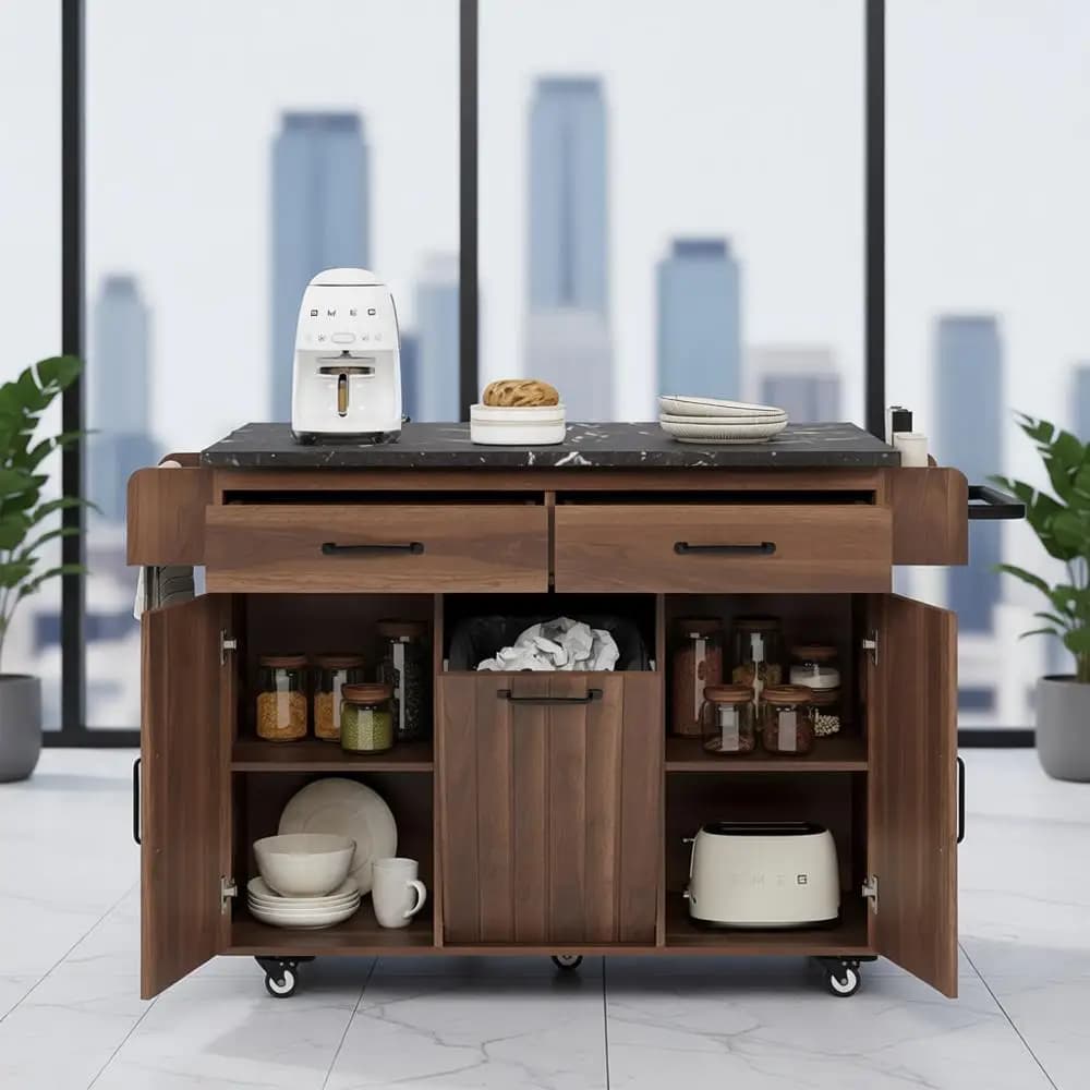 51 isola da cucina regolabile con foglie ribassate, cestino della spazzatura, portaspezie, portasciugamani, cassetto e stoccaggio pieghevole a 5 ruote