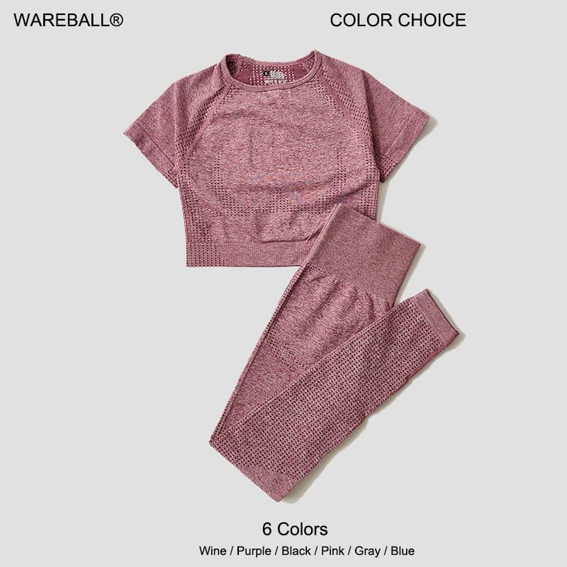 WAREBALL Set da yoga senza cuciture Donna Allenamento Abbigliamento da palestra Fitness Manica corta Crop Top Camicia Leggings a vita alta Pantaloni Tute sportive