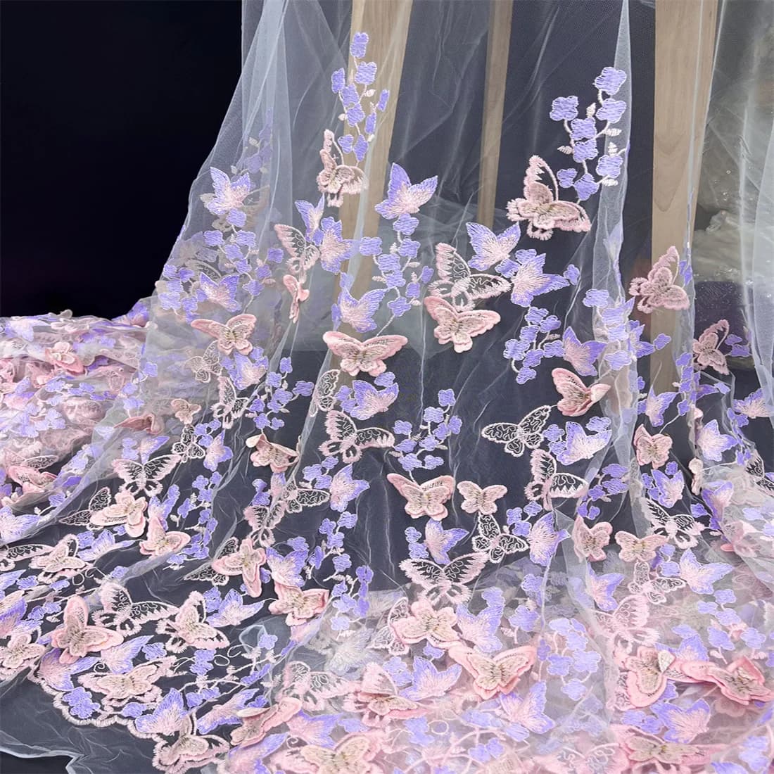 130cm Wide Heavywork 3D Butterfly Embroidered Milk Silk Lace Fabric - 3D Stereo Tulle Lace for Women's Dresses & Evening Gowns