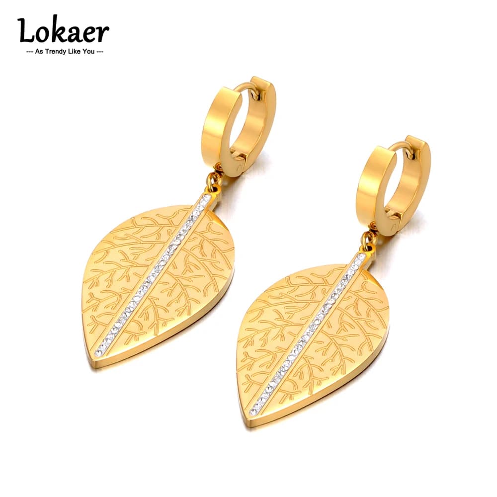 Lokaer Nuovi orecchini a cerchio con foglie di strass in acciaio inossidabile per le donne Gioielli in metallo impermeabile con dichiarazione color oro E23159