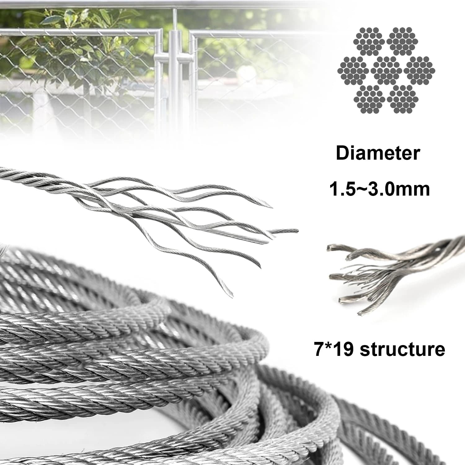304 stainless steel wire rope from 5 m/rot 7x19 wire, diameter 1.5 mm 2 mm 3 mm, for lifting, tailoring, exterior