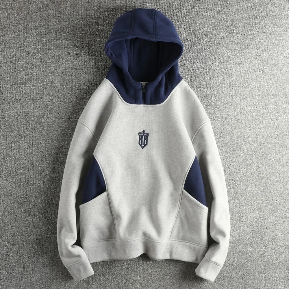 Men's hoodie with simple embroidered letters and thickened in heavy velvet, fashionable hood sweatshirt with contrasting seams