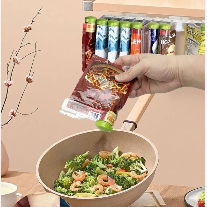 Set di 6 Organizzatori per Bustine di Spezie con Clip Sigillanti, Pinze per Condimenti e Clip per Sacchetti Alimentari