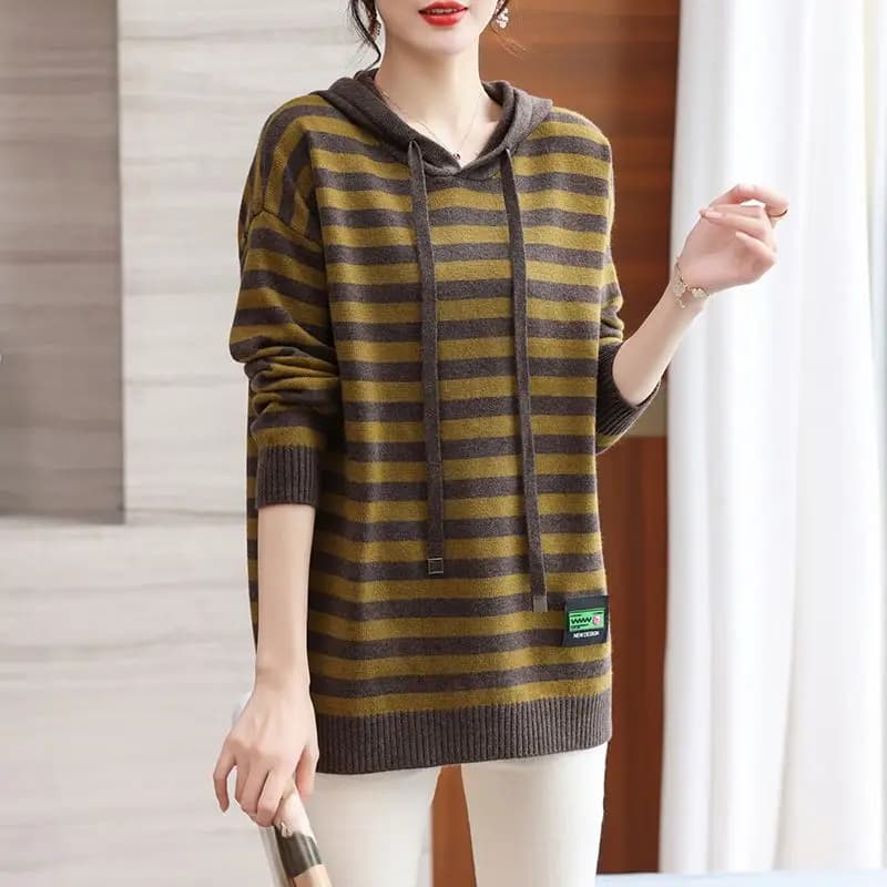 Autumn Winter New Style Women's Loose Large Size Striped Mid-Length Hoodie Casual Knitted Top Fashionable Base Layer Shirt