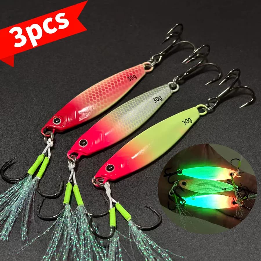 3PCS 30g Luminoso Far Throw Piastra di Ferro Esche Doppio Gancio JIG Pesca in Mare Sgombro Spagnolo Shore Casting Glow Esche in metallo