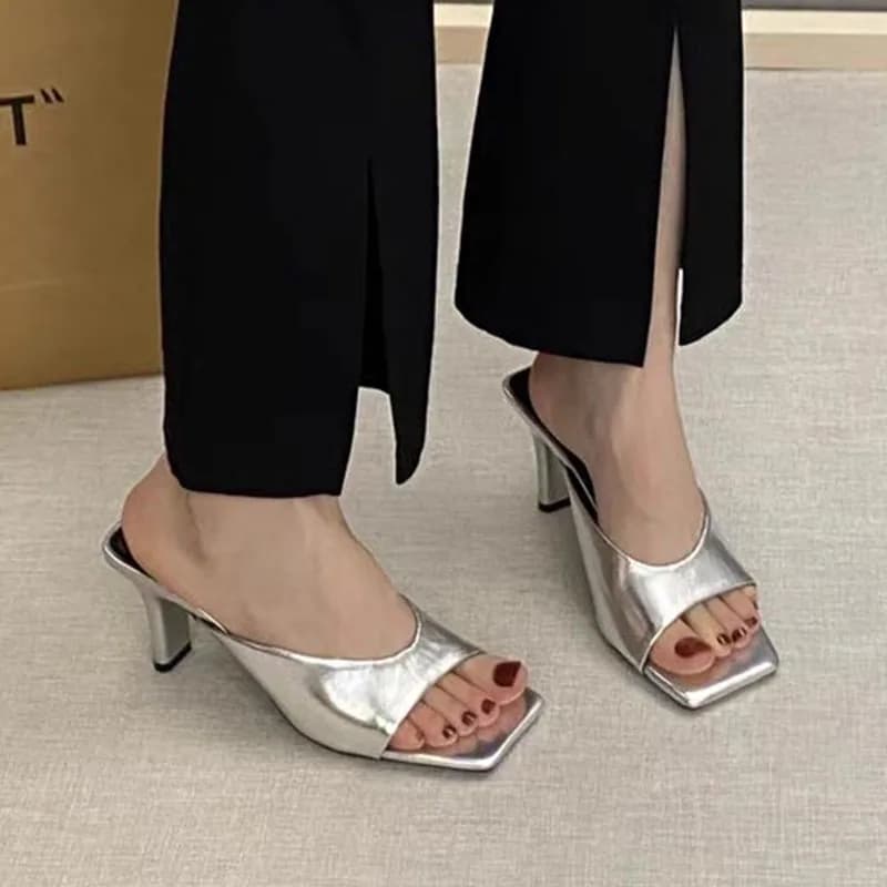 Women Square Toe Slippers Trend High Heels Shoes Elegant Sandals Party Dress Slides Designer Beach Flip Flops New Casual Zapatos