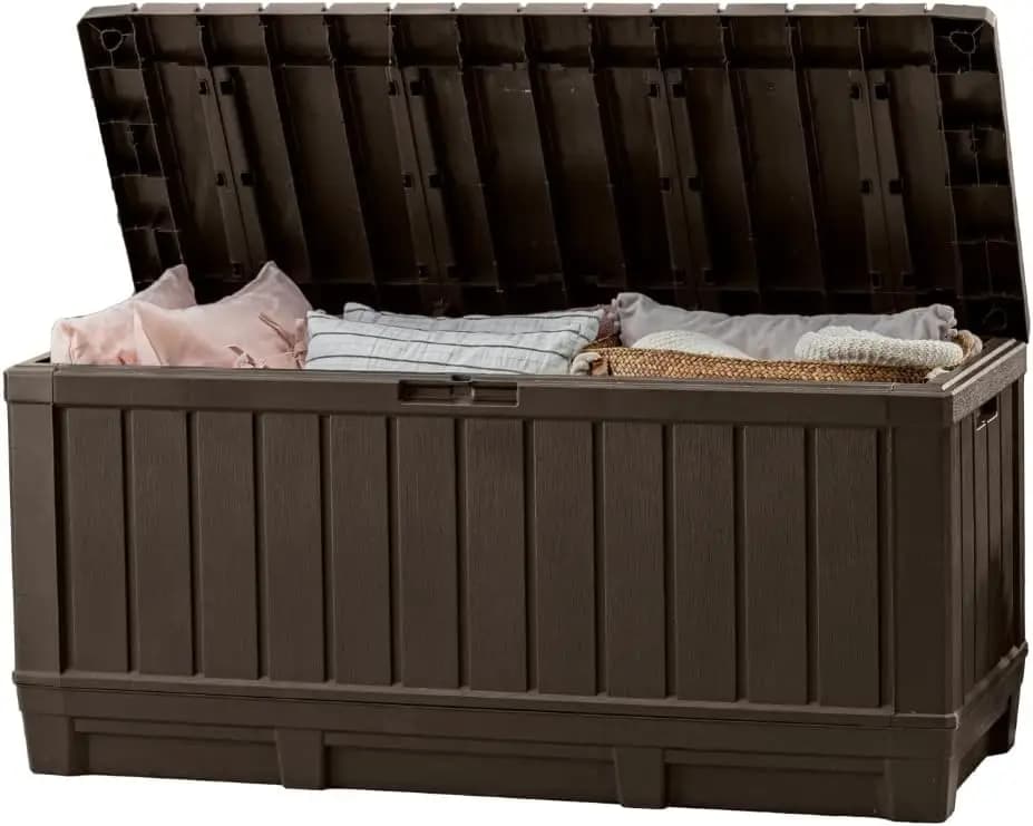 92 Gallon Resin Deck Box for Patio Cushion Storage with Bench Seating, Brown