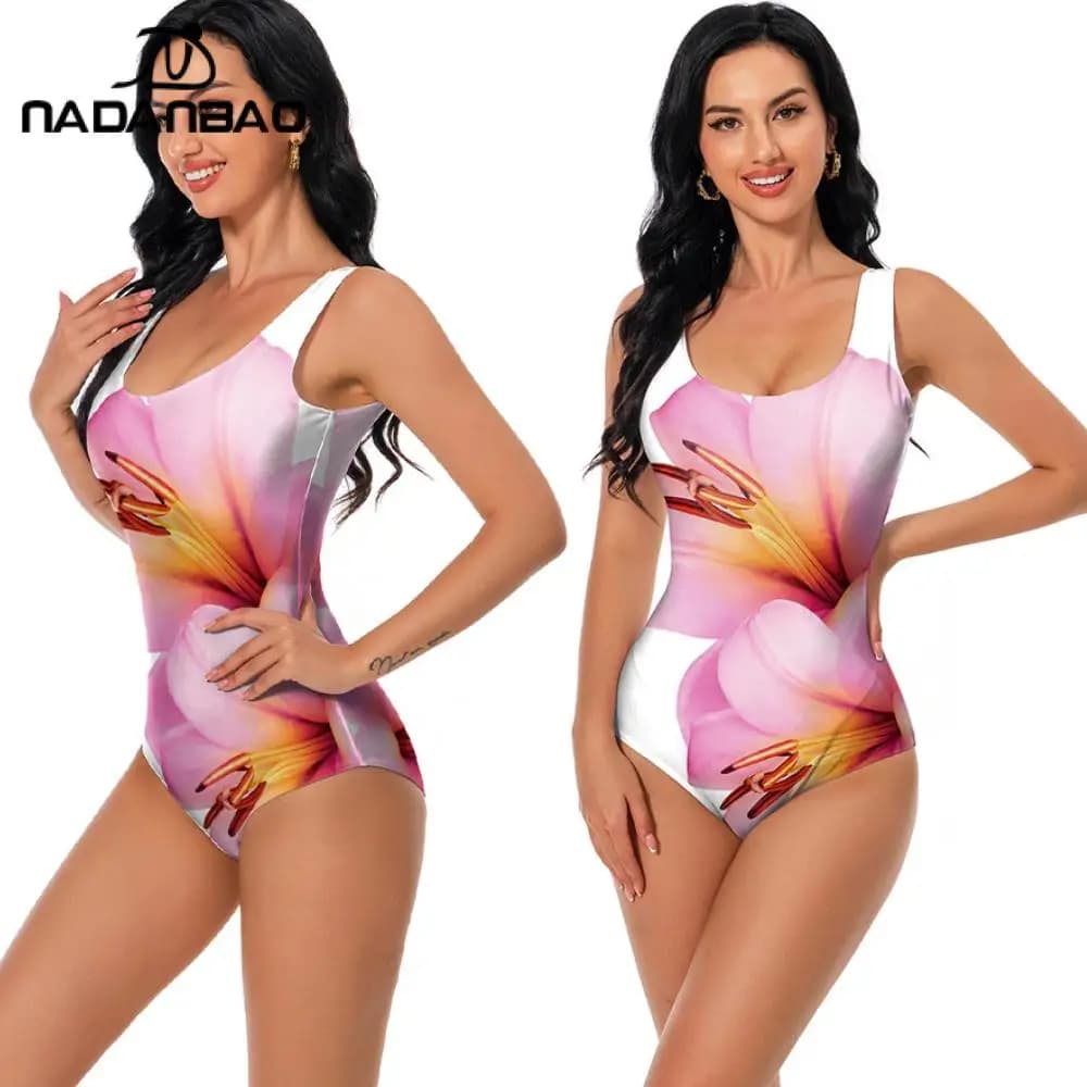 Nadanbao Costume da bagno intero con stampa floreale 3D Lily, bikini sexy con scollo a U, senza maniche, costume da bagno a triangolo, per le vacanze, da donna, per la spiaggia
