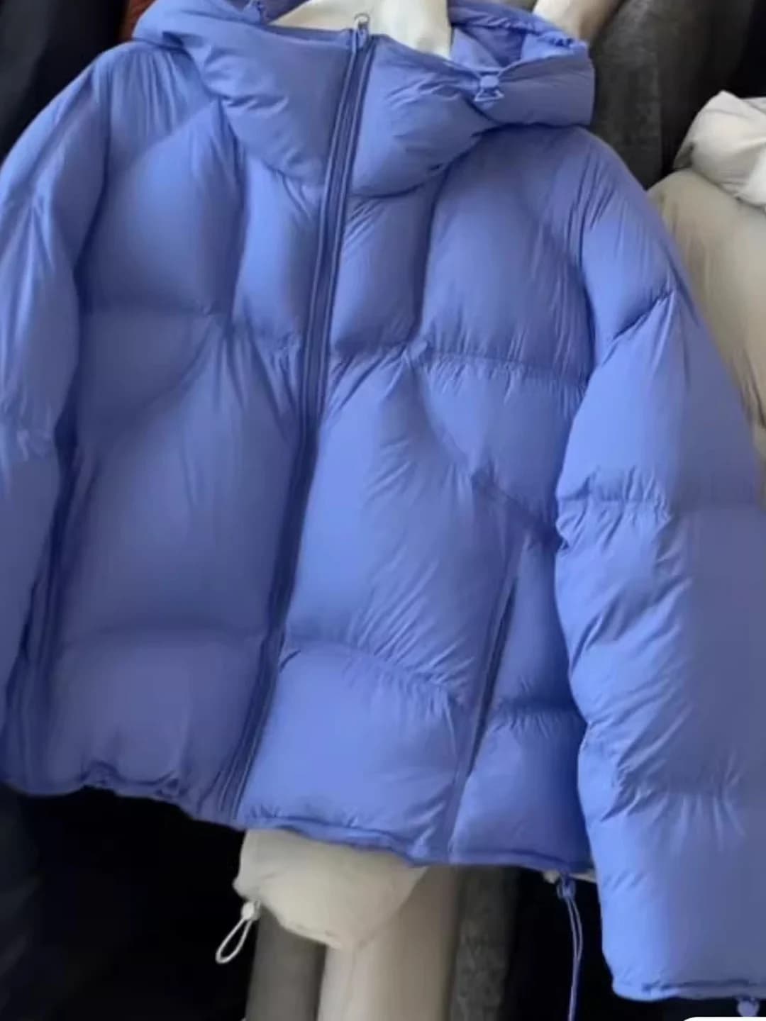 Loose Short Cotton Jacket Women's Puff Turtle Back Bread Design Blue Korean Style Commute Thickened Zipper Pure Color