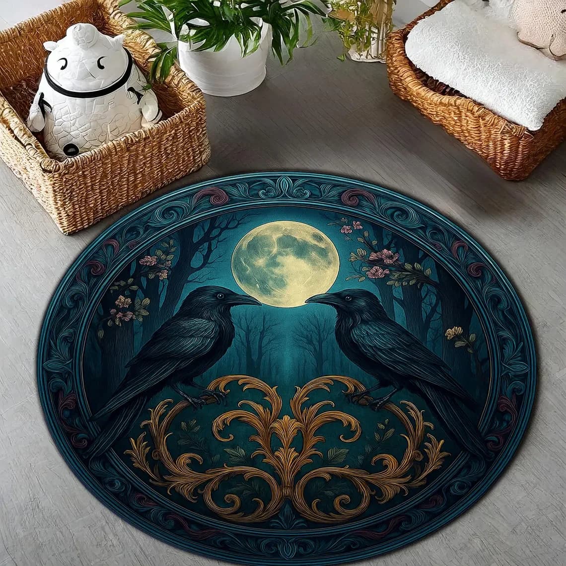 Raven and Full Moon Round Rug Gothic Witchy Carpet with Celestial Stars and Botanical Accents for Dark Boho Home Decor Mat