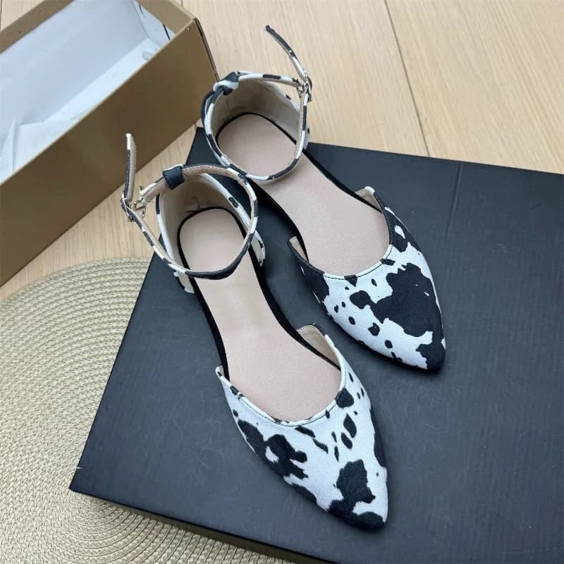 2026 Women's Cow Print Pointed Toe Ankle Strap Flats D'Orsay Cut Out Suede Flat Shoes Casual Comfort Dress Shoes for Work Daily
