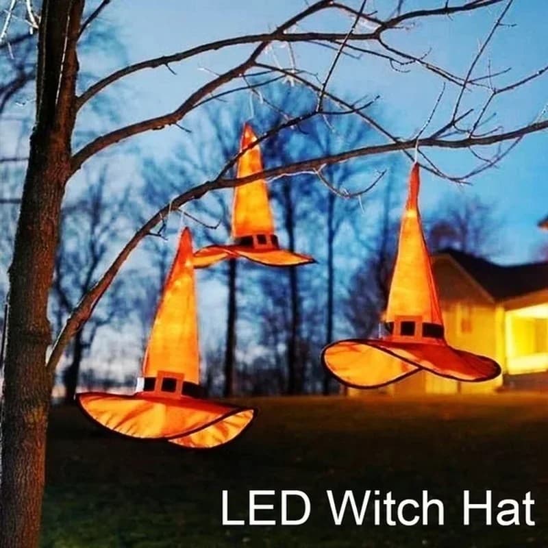 Decorazione per cappello da strega di Halloween Appeso all'aperto Illuminato incandescente Cappello da strega Luci Stringa Batteria Decorazioni per alberi da cortile esterno