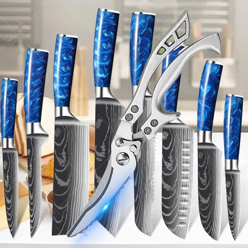 WXCOO 1~9pcs Professional Knife Set Kitchen Knife Japanese Santoku Chef Knife Meat Cutting Chicken Bone Scissor Damascus