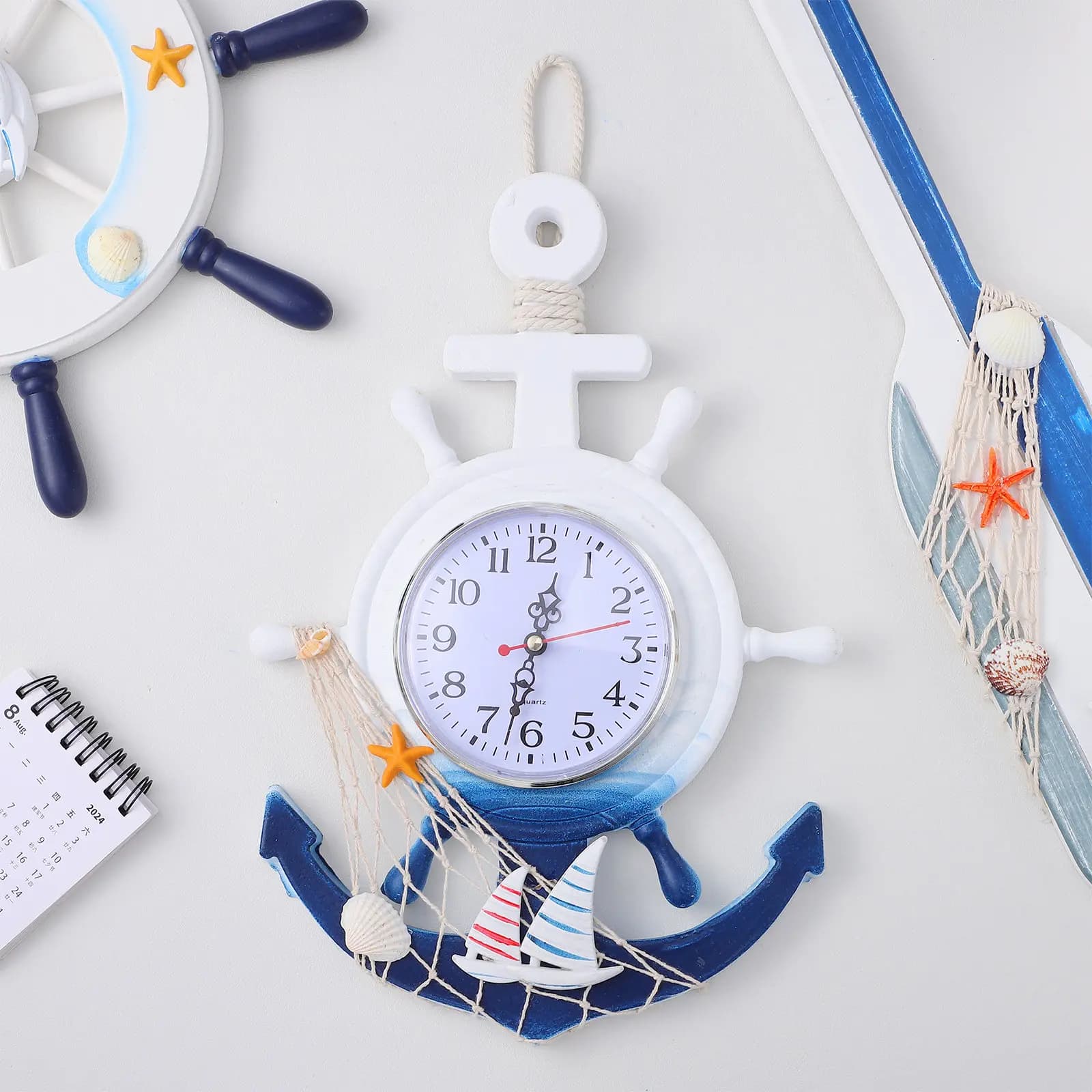 Wooden Plastic Boat Anchor Wall Clock Mediterranean Style Hanging Decorative Clear Mirror Surface for Home Living Room Bedroom