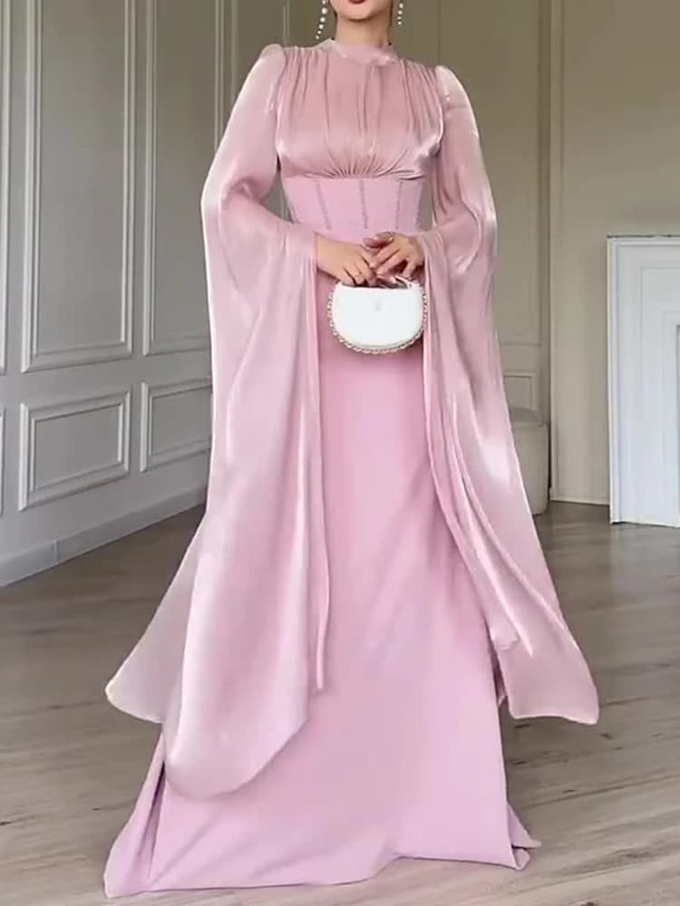 Abiti slim in raso con maniche spaccate sexy con scollo a O Elegante abito da sera solido a pieghe a vita alta Abiti con fasciatura avvolgente sui fianchi