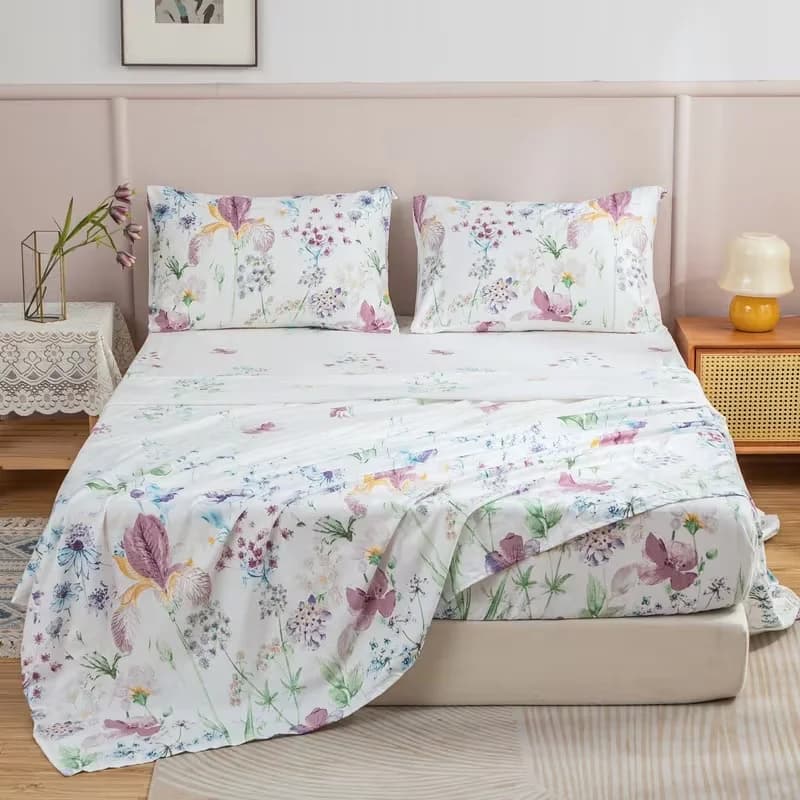 Red Spider Lily Print Bedding Set (1 Fitted Sheet, 1 Flat Sheet, 2 Pillowcases) Ultra-Soft Breathable Fabric, Skin-Friendly, Comfortable, Breathable, Machine Washable, Suitable for All Seasons, Elegant and Exquisite, Ideal Choice for Bedroom and Guest Room