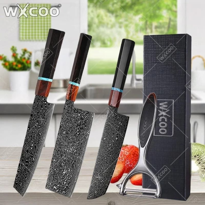 WXCOO Kitchen Knife, Japanese Chef knife in Damascato Steel, Kitchen Tools, Knives forged in Hand, Pelapatate, Multipurpose Knife