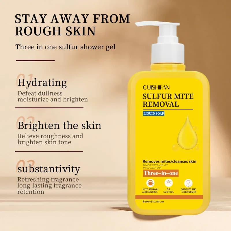 Gel doccia tre in uno allo zolfo, antiacaro, antiacne, rimozione della pelle di pollo, fragranza a lunga durata, idratante e antiprurito